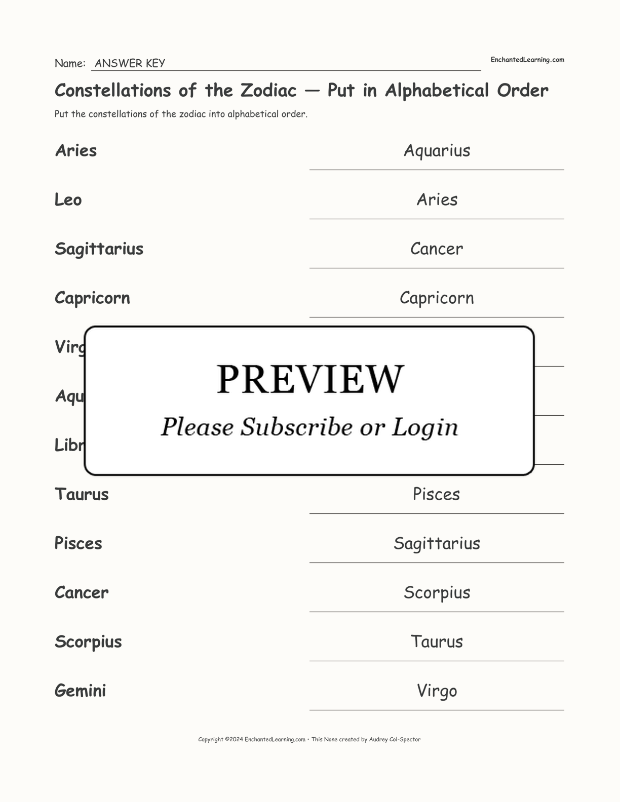 Constellations of the Zodiac — Put in Alphabetical Order interactive worksheet page 2