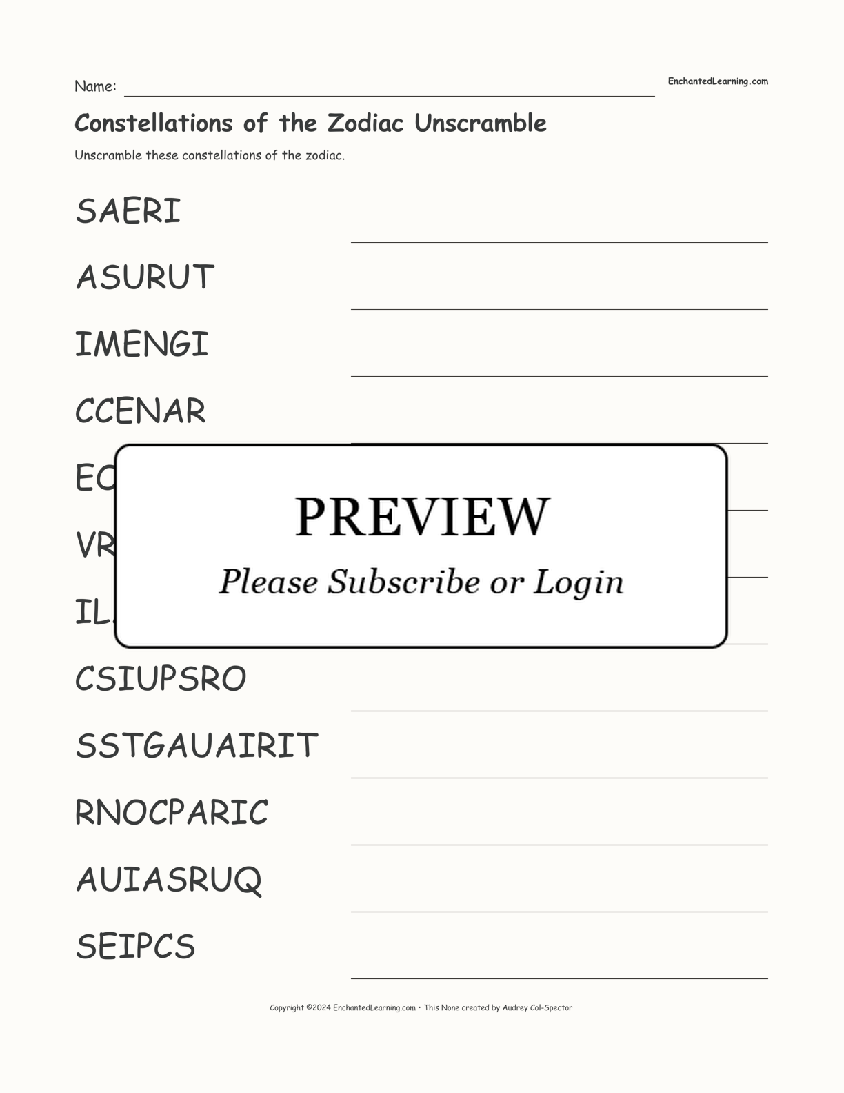 Constellations of the Zodiac Unscramble interactive worksheet page 1
