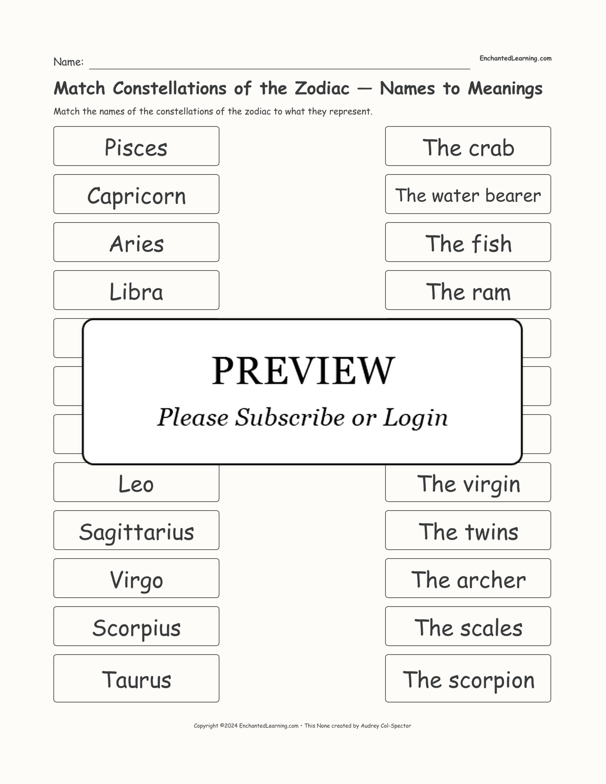 Match Constellations of the Zodiac — Names to Meanings interactive worksheet page 1